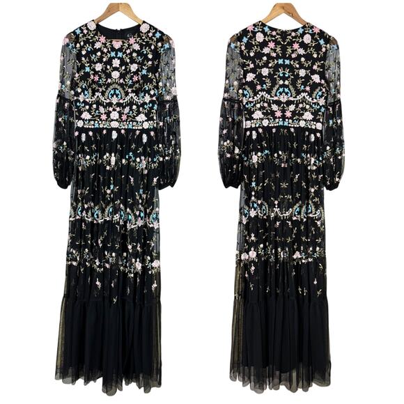 Mac Duggal NWT Floral Embellished Embroidered Gown Blouson Sleeves Size 16 Black - Picture 4 of 10